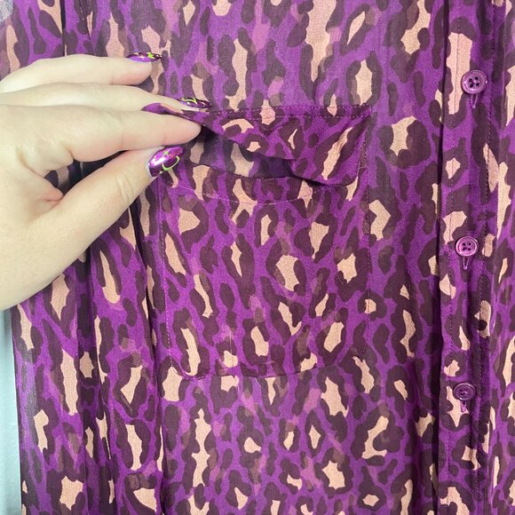 Equipment Femme Women L Purple Tan Animal Print Blouse Silk Sheer Button Front - Picture 4 of 10